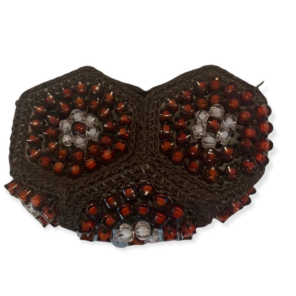 BeadedClutch Crochet Brown Bag Knit Zip Top Hand Wallet Handbag Wristlet Purse